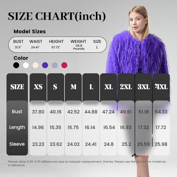 Women's Faux Fur Coat Purple Slim Cropped Fuzzy Fluffy Fall Winter Jacket - Picture 3 of 5